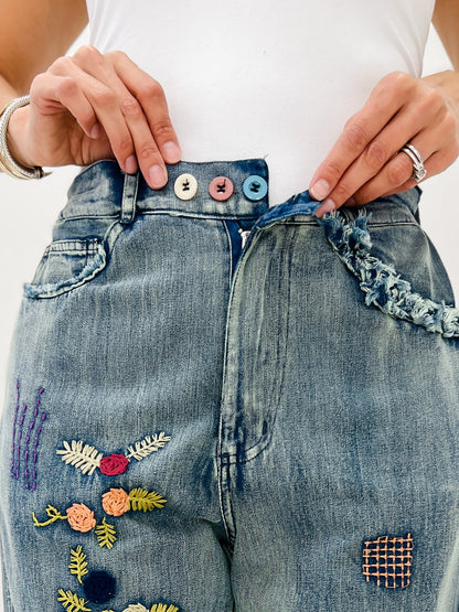 Elastic Waist Multi Patch Work Denim Pants