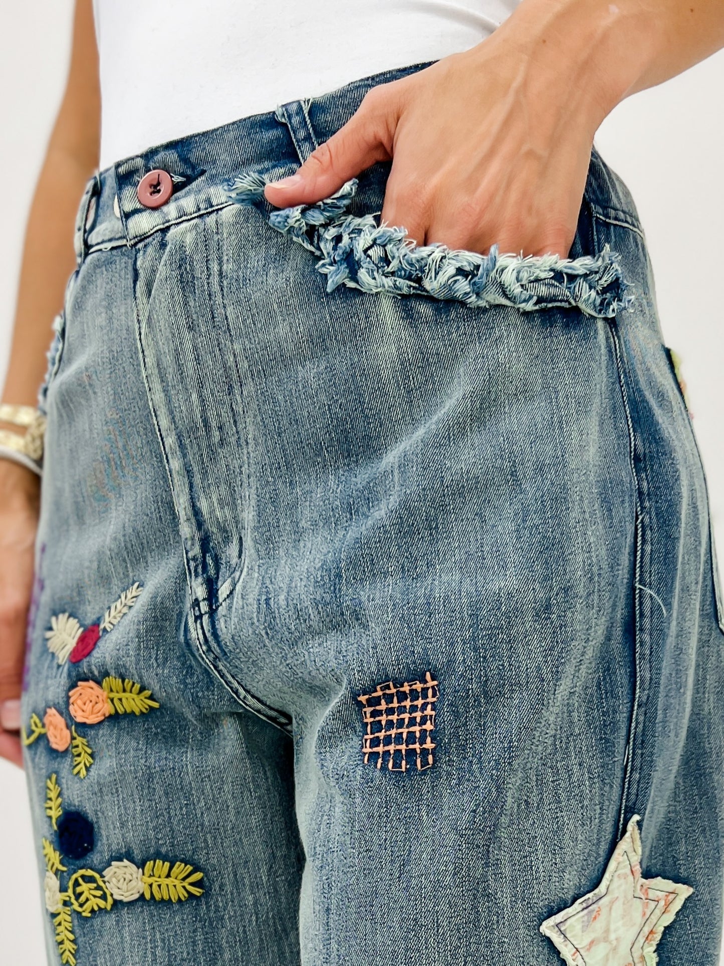Elastic Waist Multi Patch Work Denim Pants
