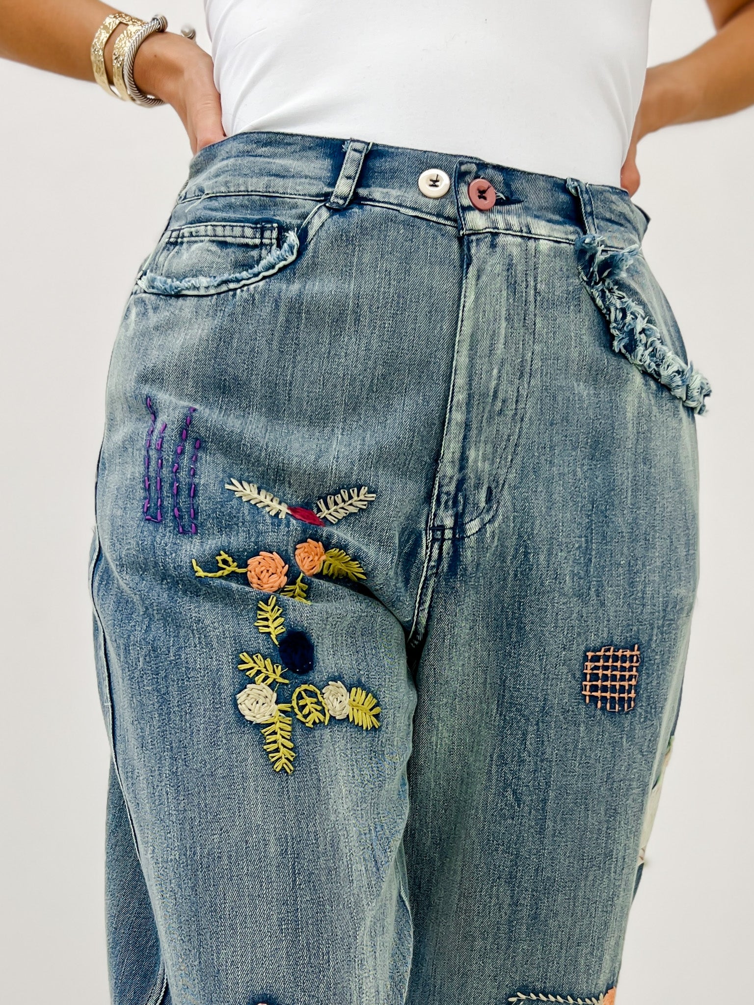 Elastic Waist Multi Patch Work Denim Pants
