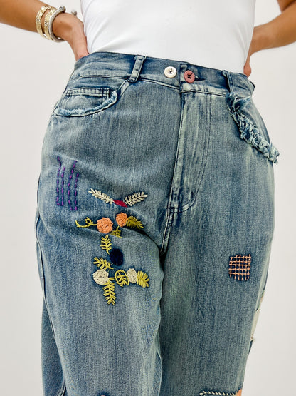 Elastic Waist Multi Patch Work Denim Pants