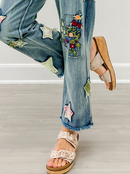 Elastic Waist Multi Patch Work Denim Pants