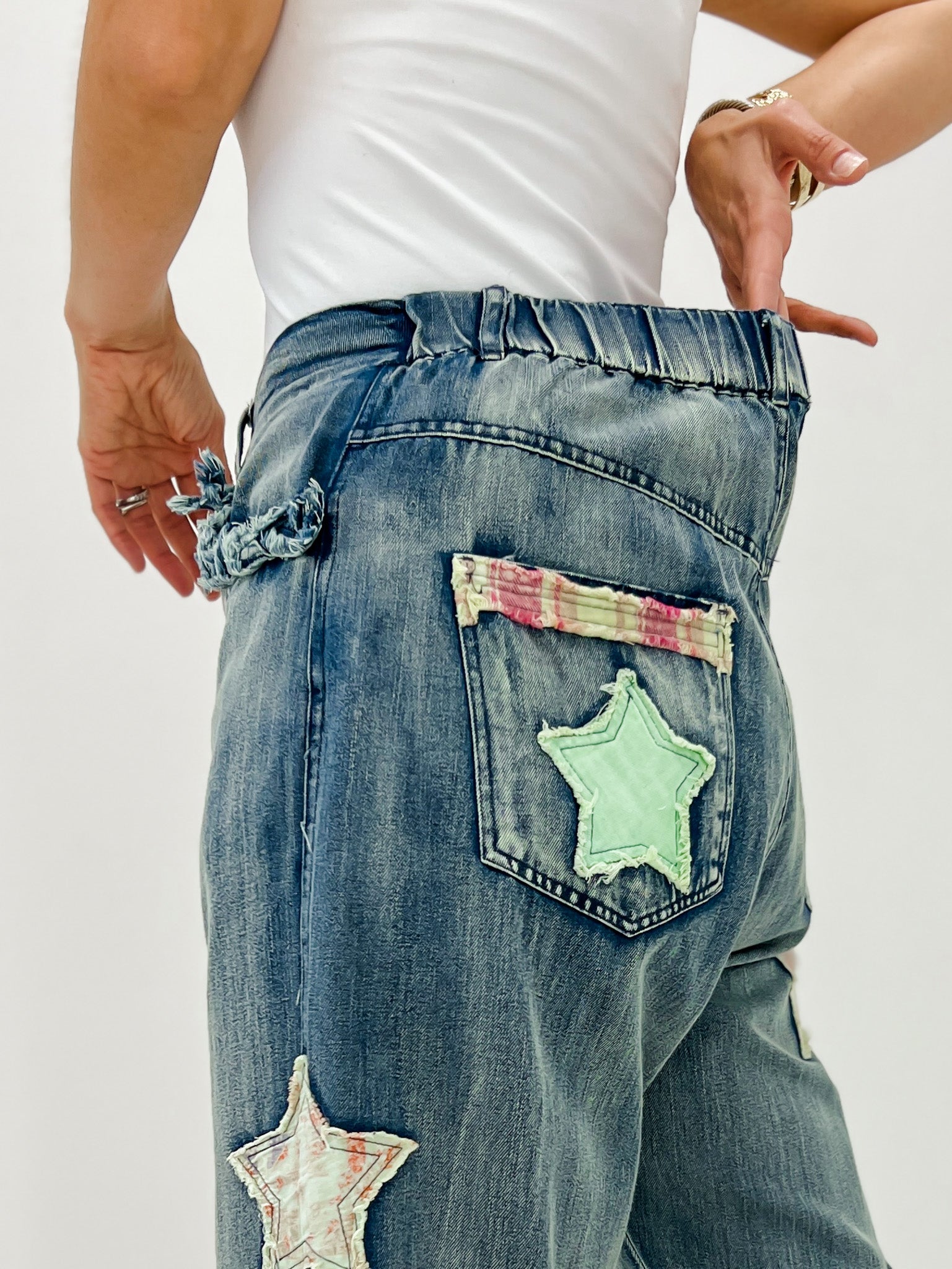 Elastic Waist Multi Patch Work Denim Pants