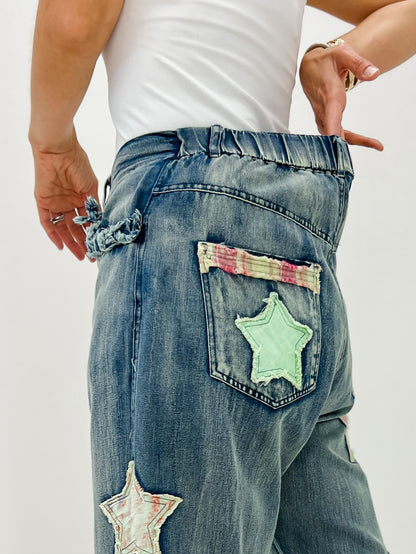 Elastic Waist Multi Patch Work Denim Pants
