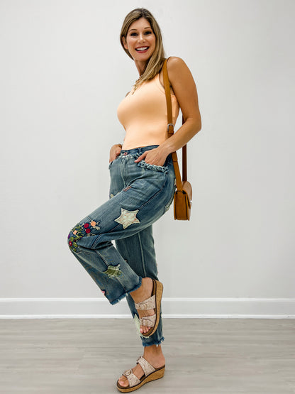 Elastic Waist Multi Patch Work Denim Pants