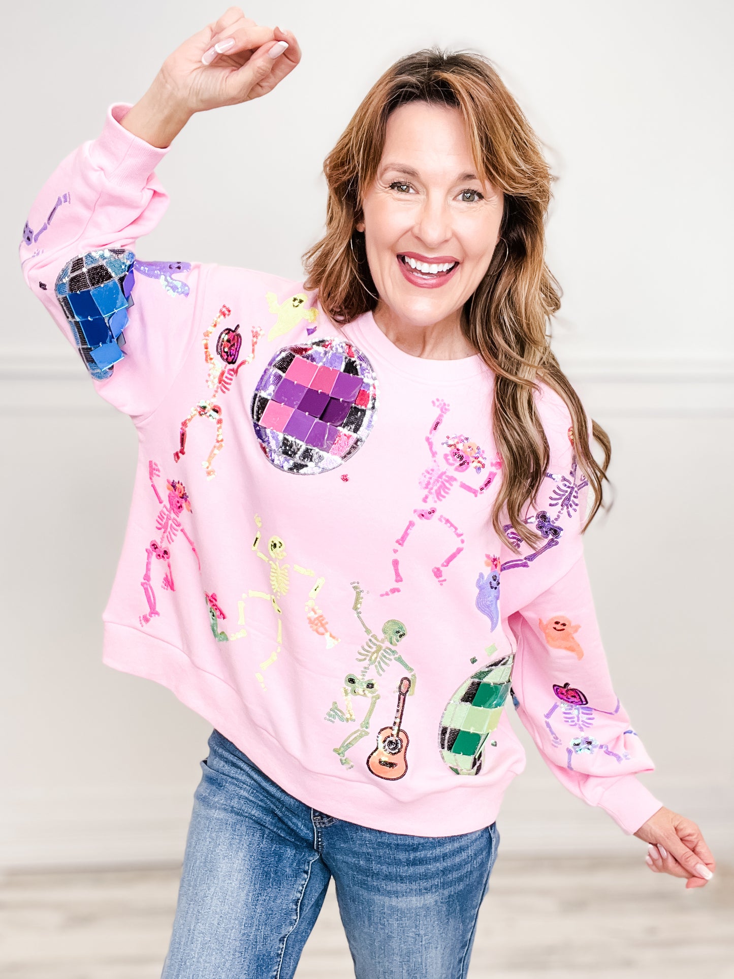 Queen of Sparkles Pink Skeleton Disco Party Sweatshirt
