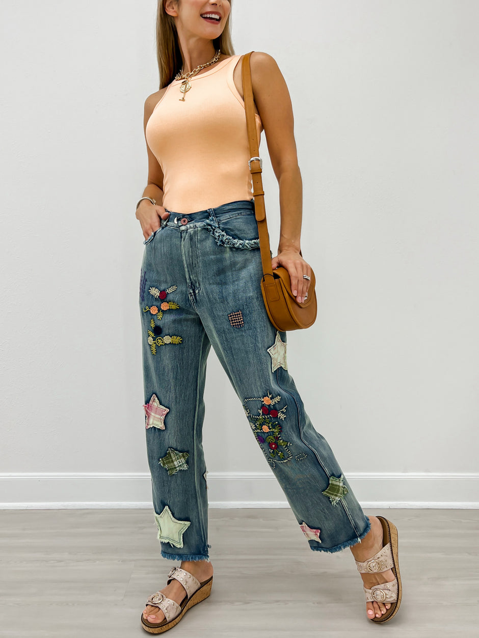 Elastic Waist Multi Patch Work Denim Pants