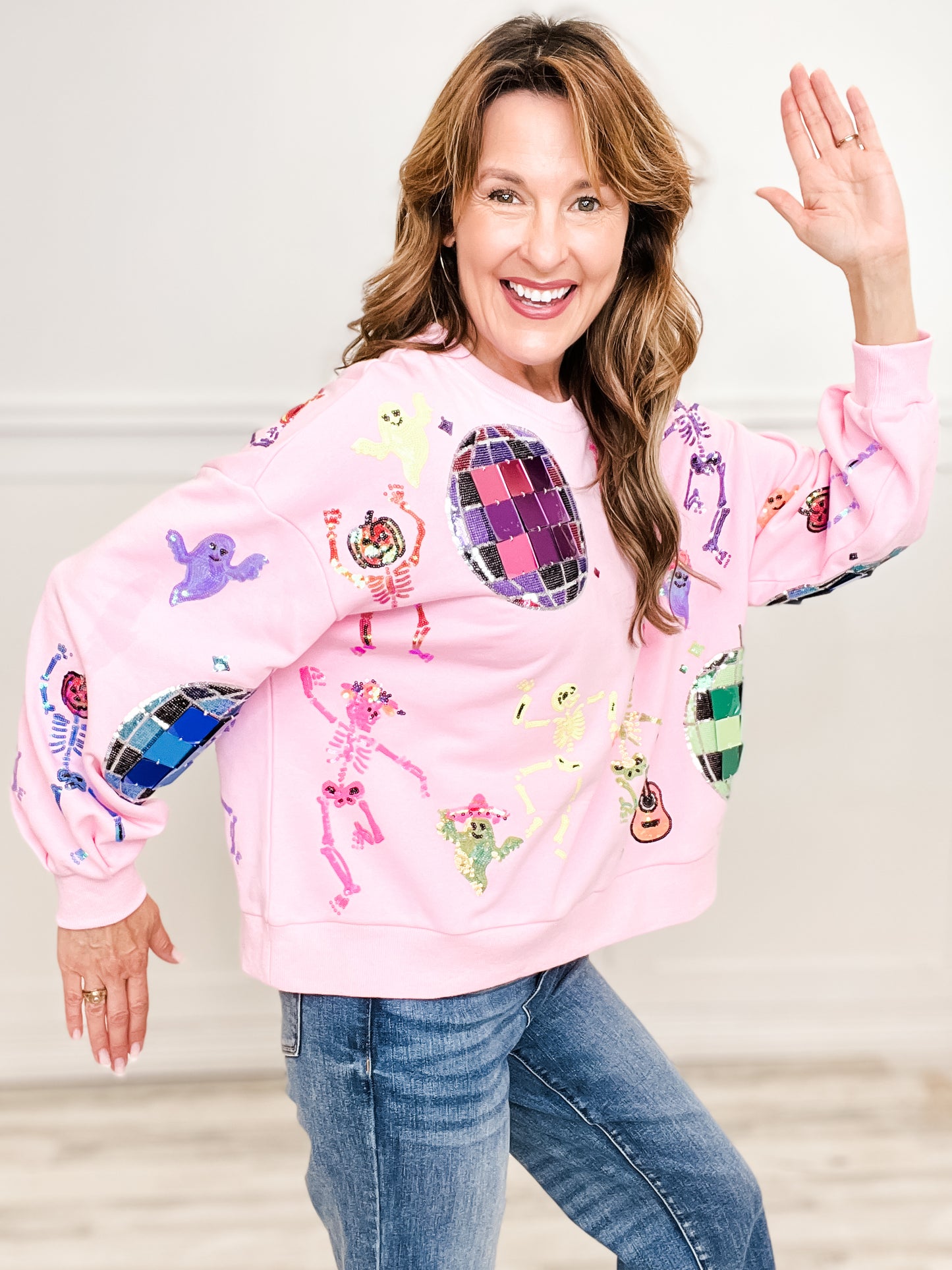 Queen of Sparkles Pink Skeleton Disco Party Sweatshirt