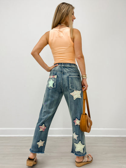 Elastic Waist Multi Patch Work Denim Pants