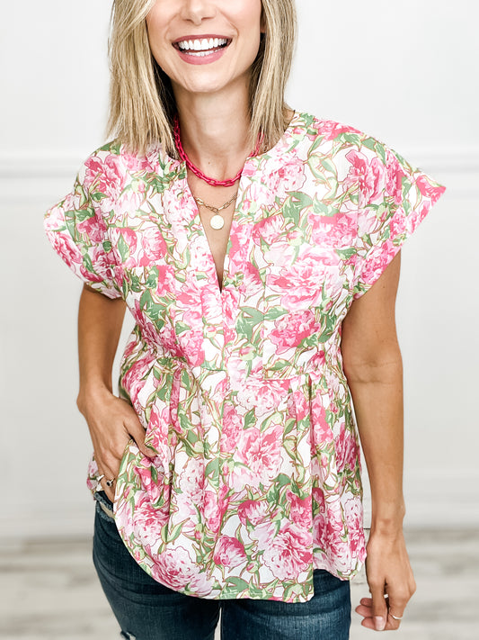 Stay Beautiful Floral Print V-Neck Short Sleeve Top