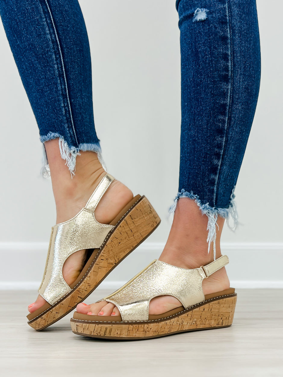 Corkys Volta II Wedge Sandals in Gold Crinkle Metallic