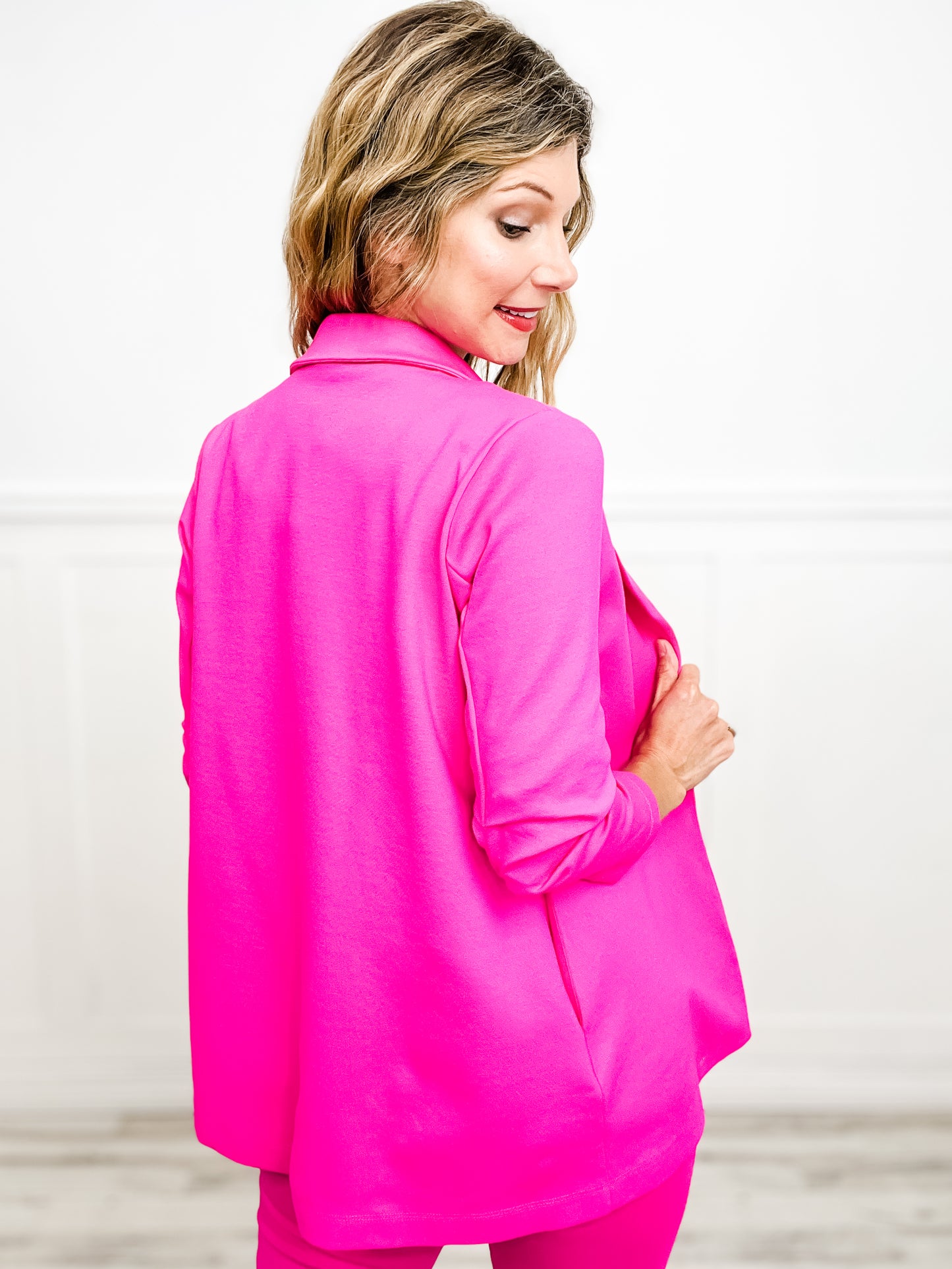 Magic 3/4 Length Ruching Sleeve Blazer in Hot Pink