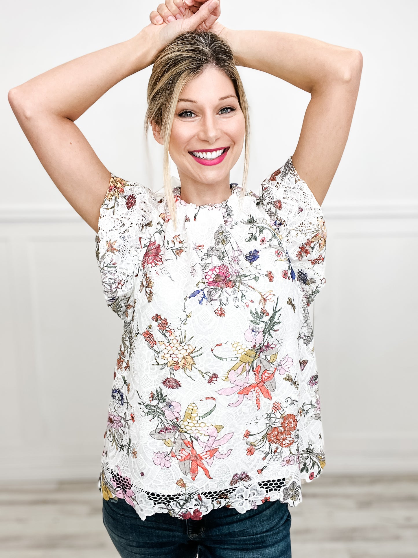 Forever And Always Lace Floral High Neck Ruffle Sleeve Top