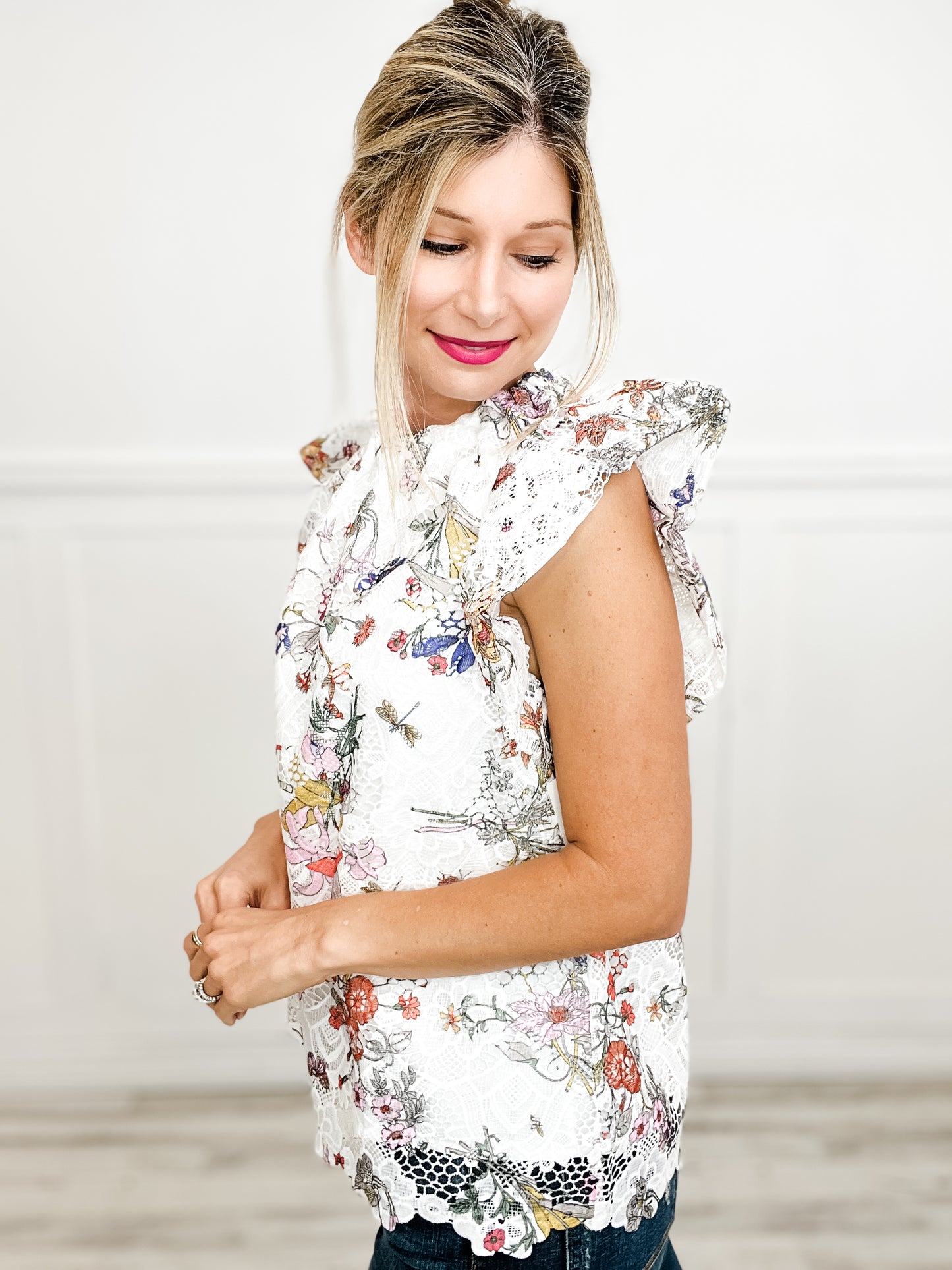 Forever And Always Lace Floral High Neck Ruffle Sleeve Top