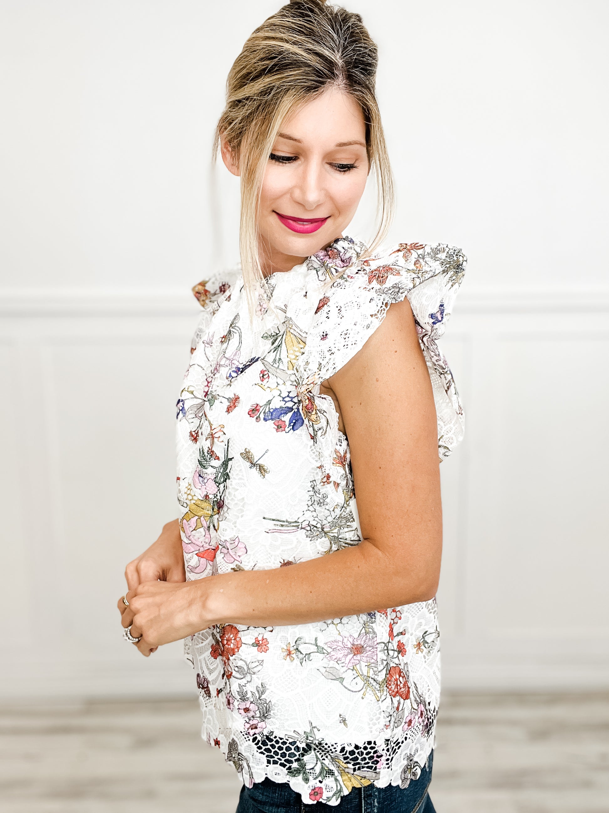 Forever And Always Lace Floral High Neck Ruffle Sleeve Top