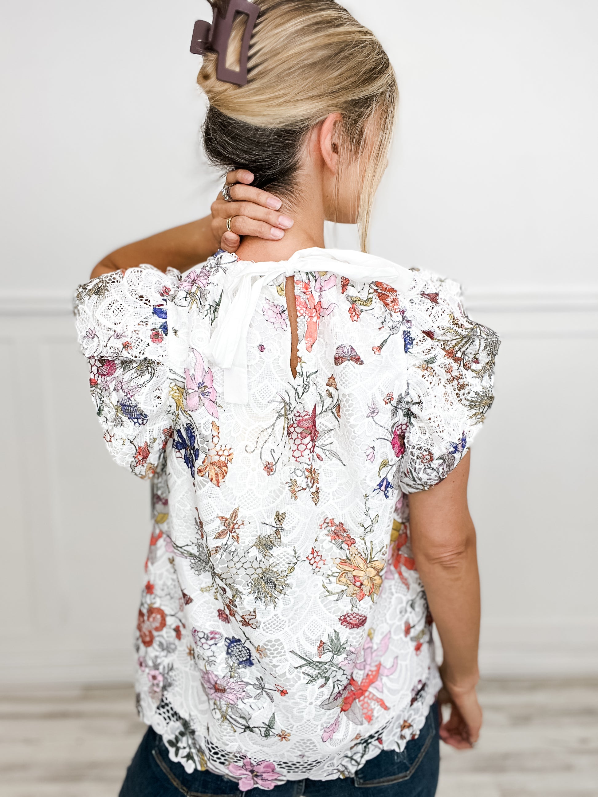Forever And Always Lace Floral High Neck Ruffle Sleeve Top