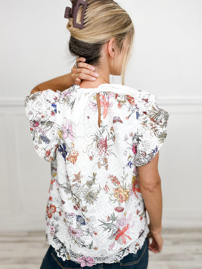 Forever And Always Lace Floral High Neck Ruffle Sleeve Top