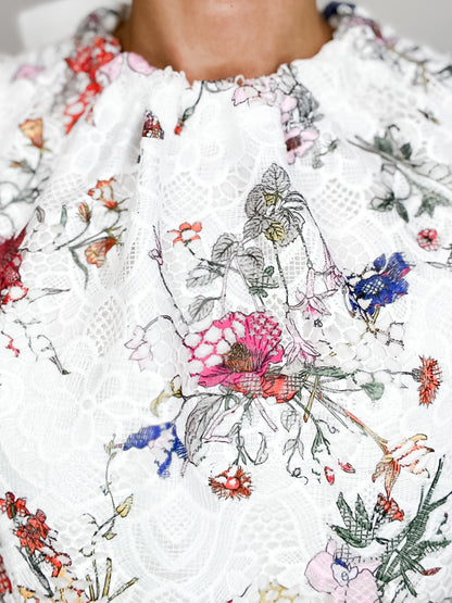 Forever And Always Lace Floral High Neck Ruffle Sleeve Top