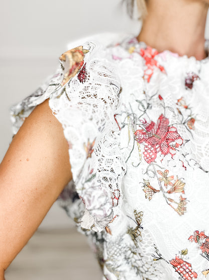 Forever And Always Lace Floral High Neck Ruffle Sleeve Top