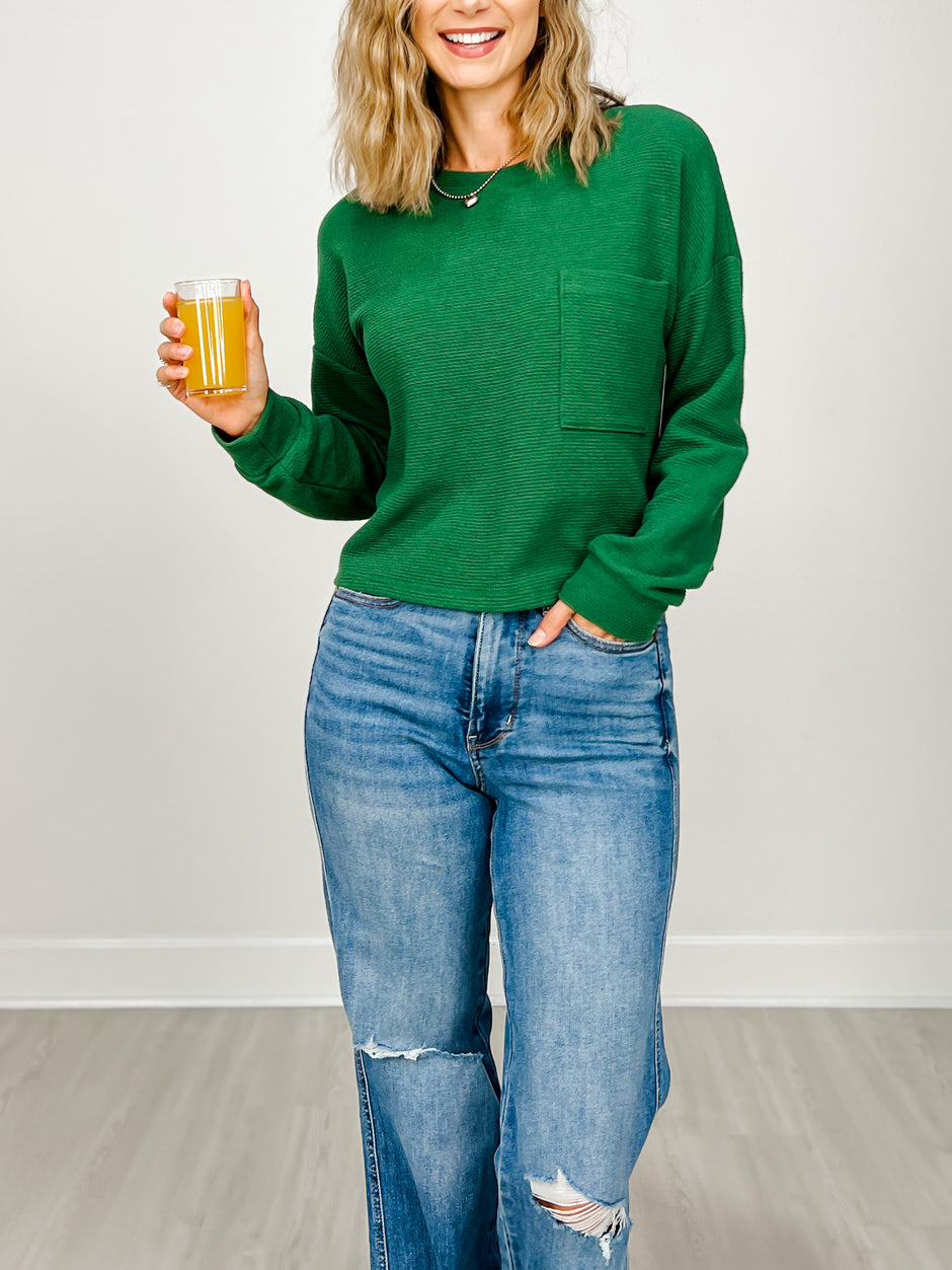 Round Neck Cloudy Knit Long Sleeve Crop Top with Pocket