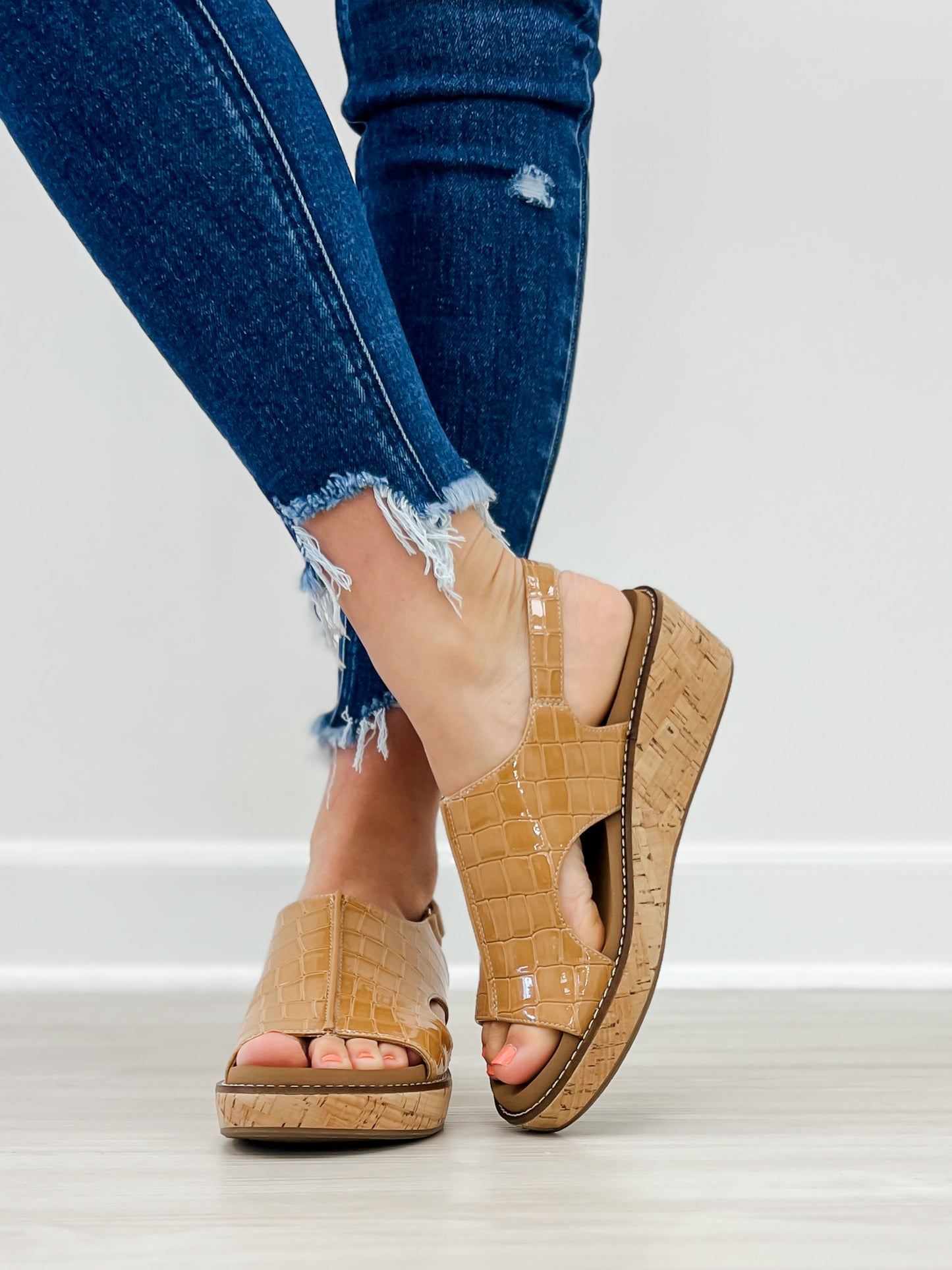 Corkys Volta II Wedge Sandals in Caramel Patent Croco