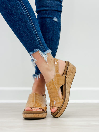 Corkys Volta II Wedge Sandals in Caramel Patent Croco