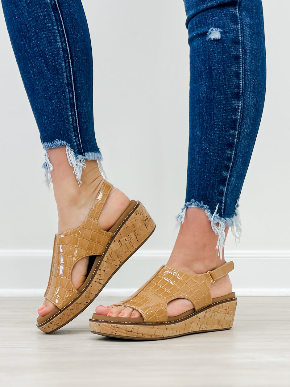 Corkys Volta II Wedge Sandals in Caramel Patent Croco