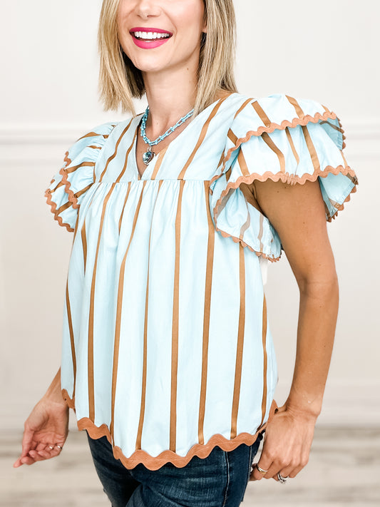 Enchanted Striped Ruffle Sleeve Top with V-Neckline