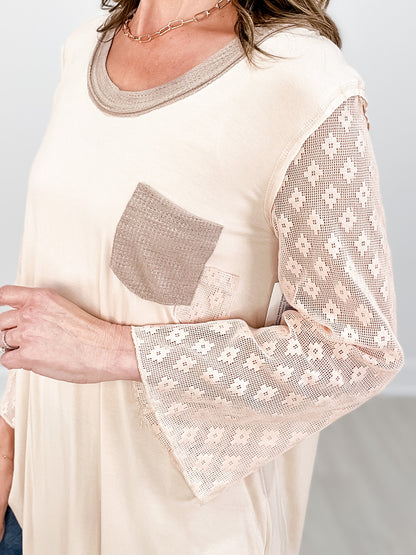 Scoop neck lace long sleeve front pocket solid top