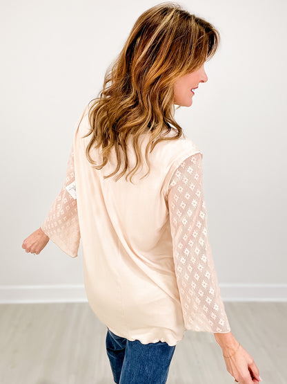Scoop neck lace long sleeve front pocket solid top