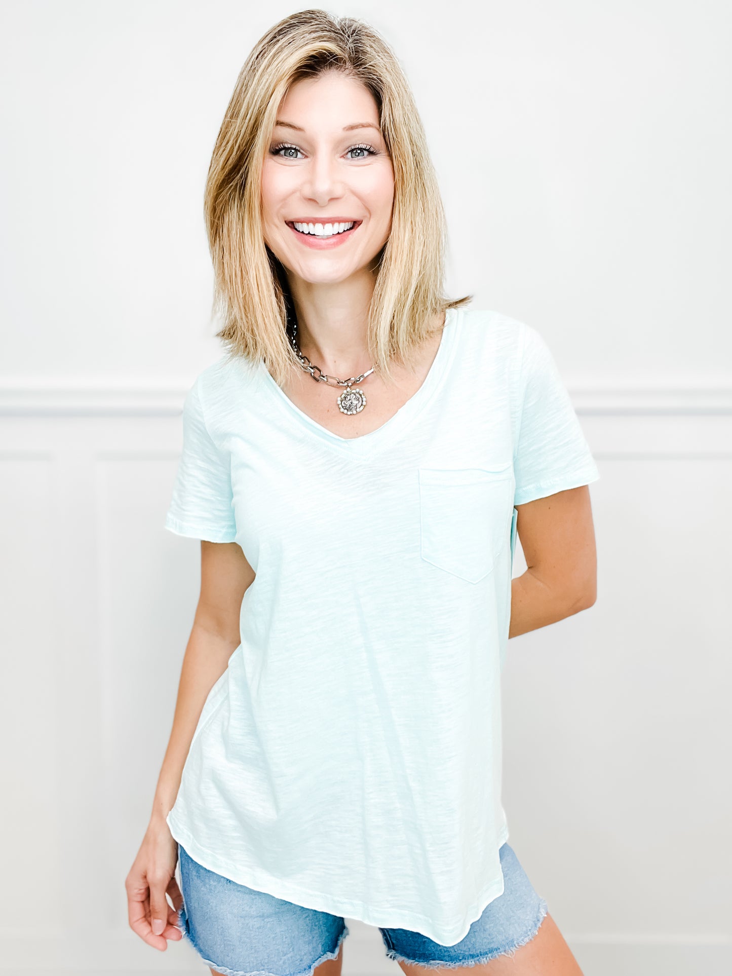 Clear Skies Short Sleeve V-neck Top with Front Pocket