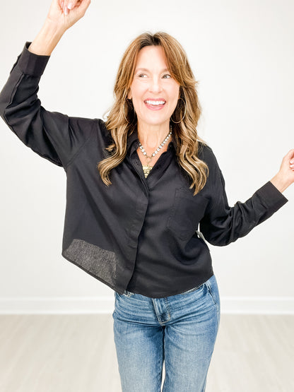 Oversized Cropped Half Sleeve Linen Collared Top
