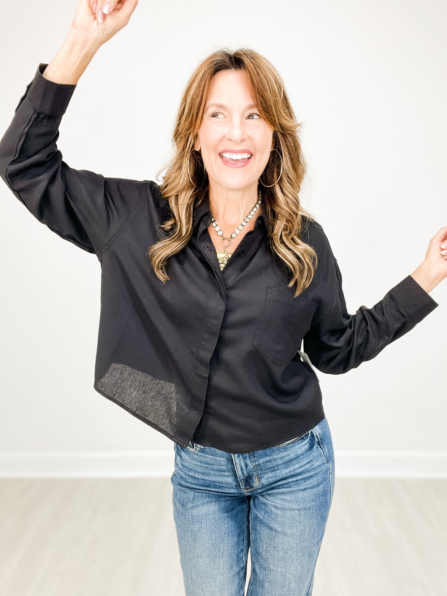 Oversized Cropped Half Sleeve Linen Collared Top