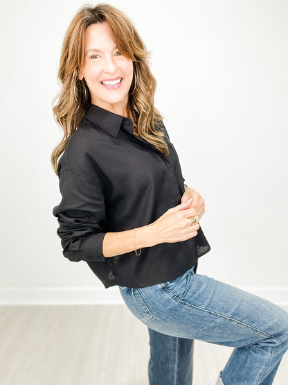 Oversized Cropped Half Sleeve Linen Collared Top