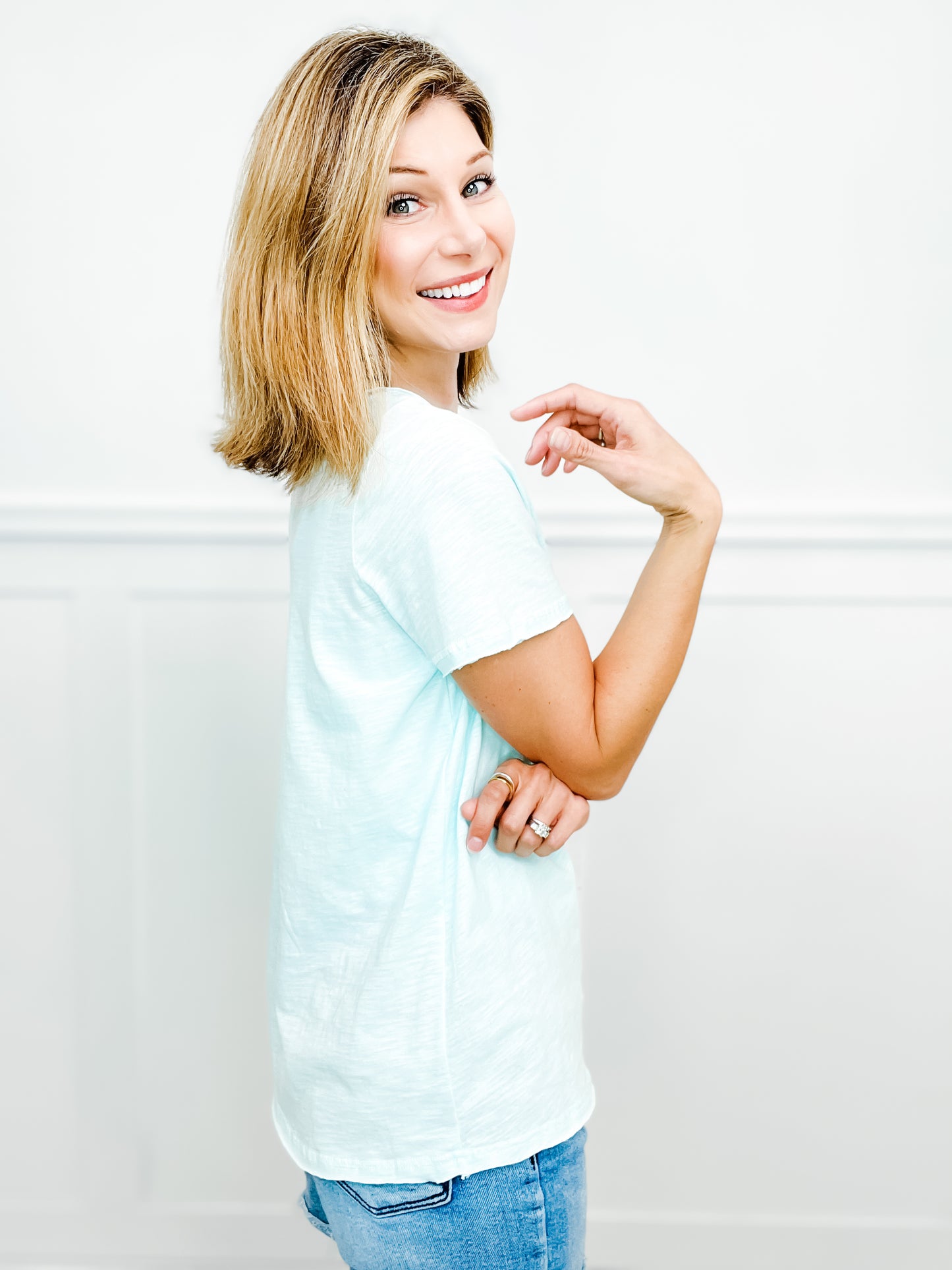 Clear Skies Short Sleeve V-neck Top with Front Pocket