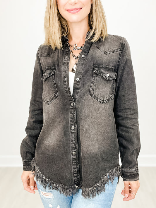 Denim Long Sleeve Button Down Frayed Hem Top