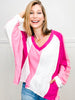 Washed Color Block V-Neck Top with Long Sleeves