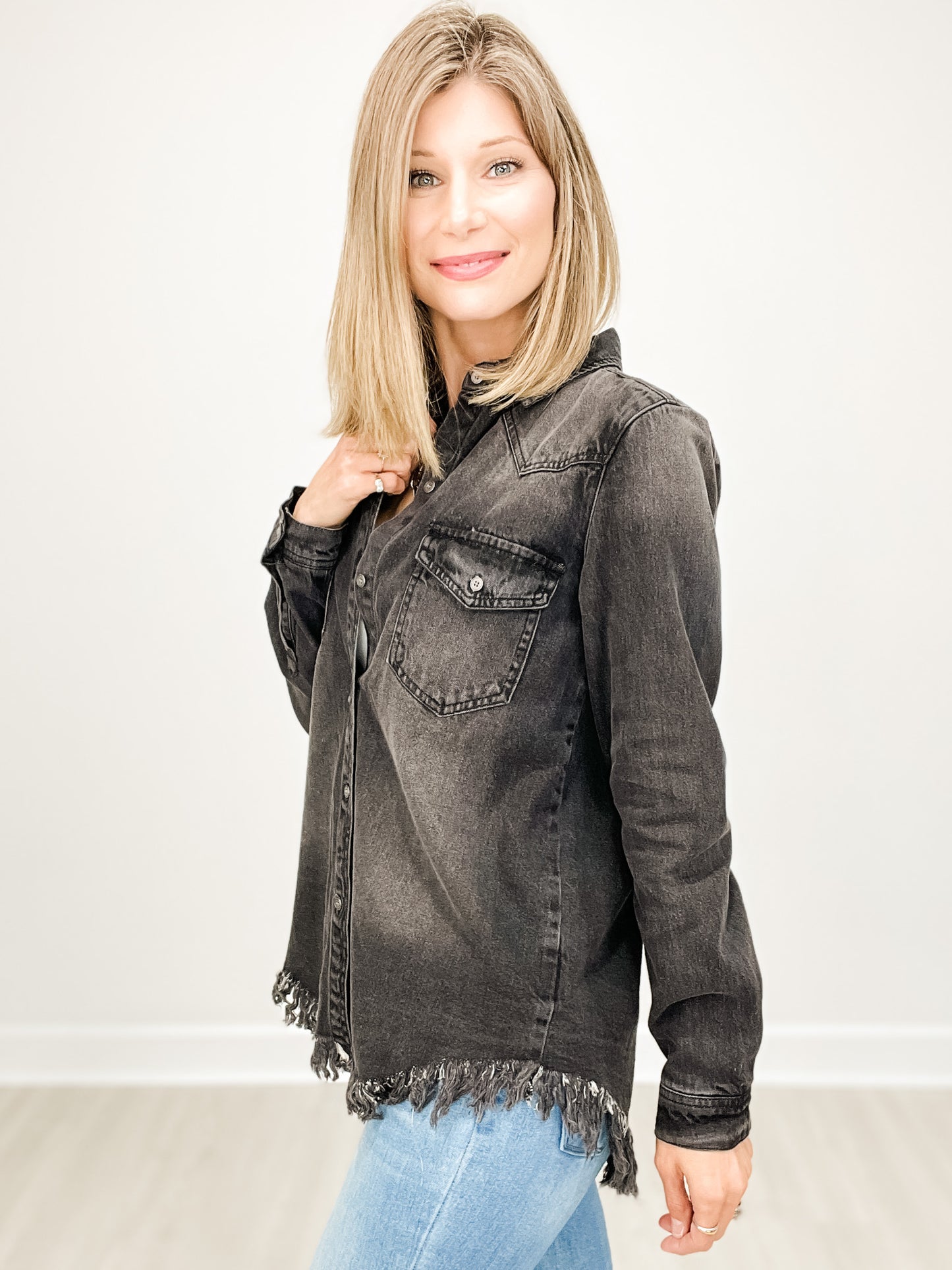 Denim Long Sleeve Button Down Frayed Hem Top