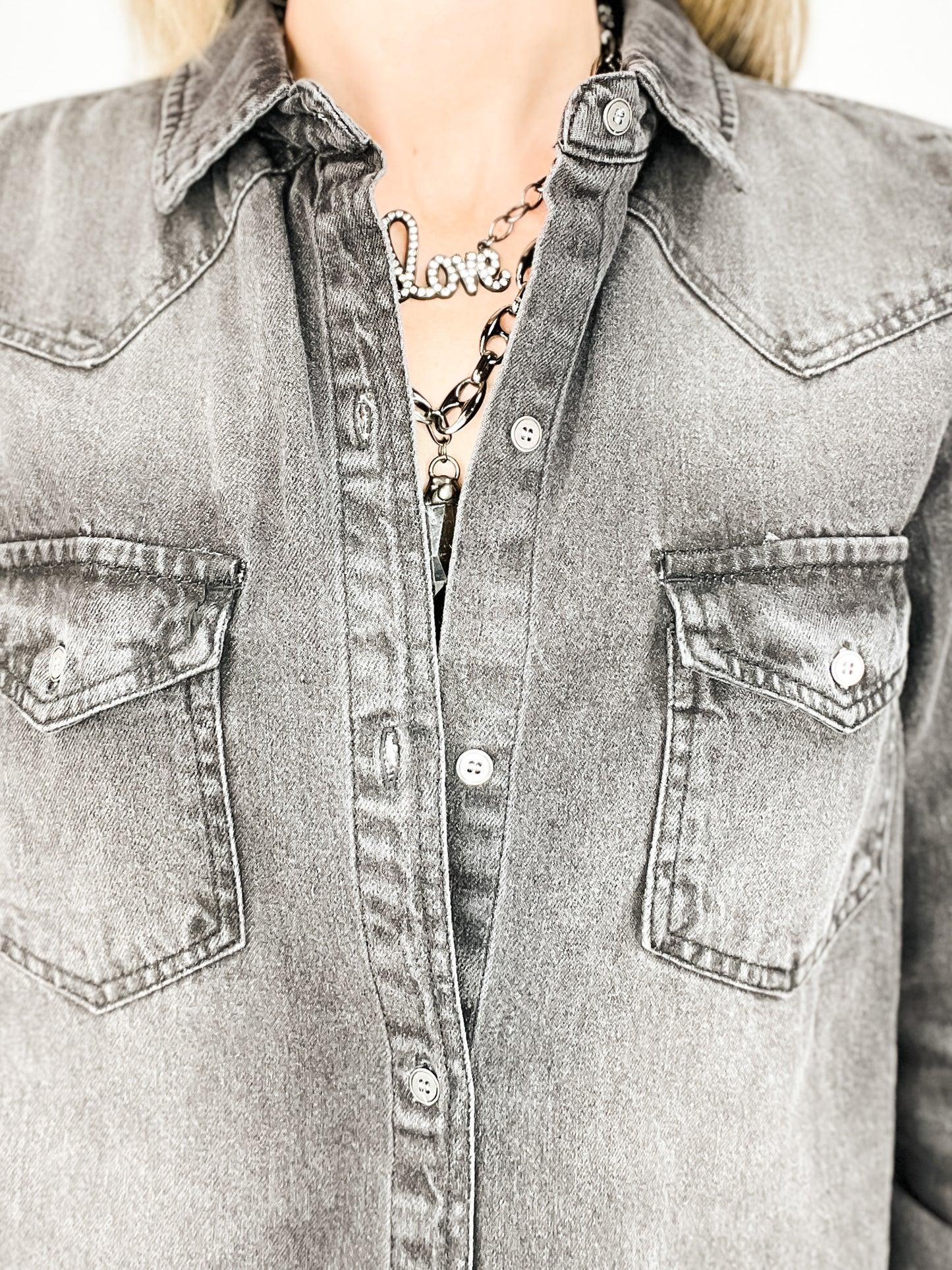 Denim Long Sleeve Button Down Frayed Hem Top