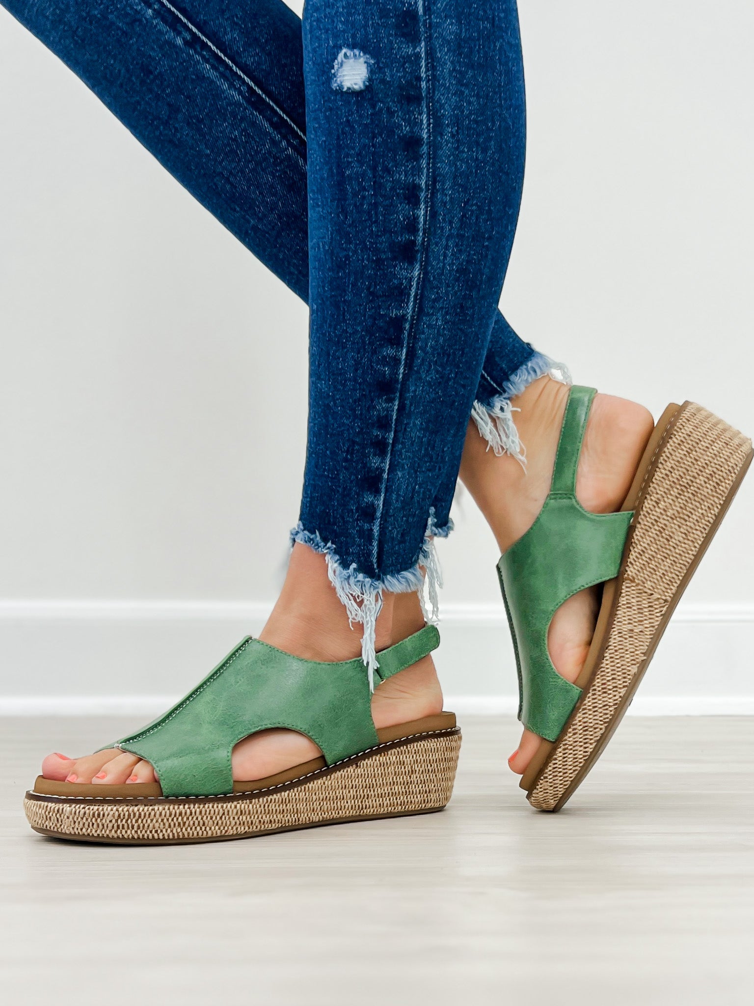Corkys Volta II Wedge Sandals in Leaf Green