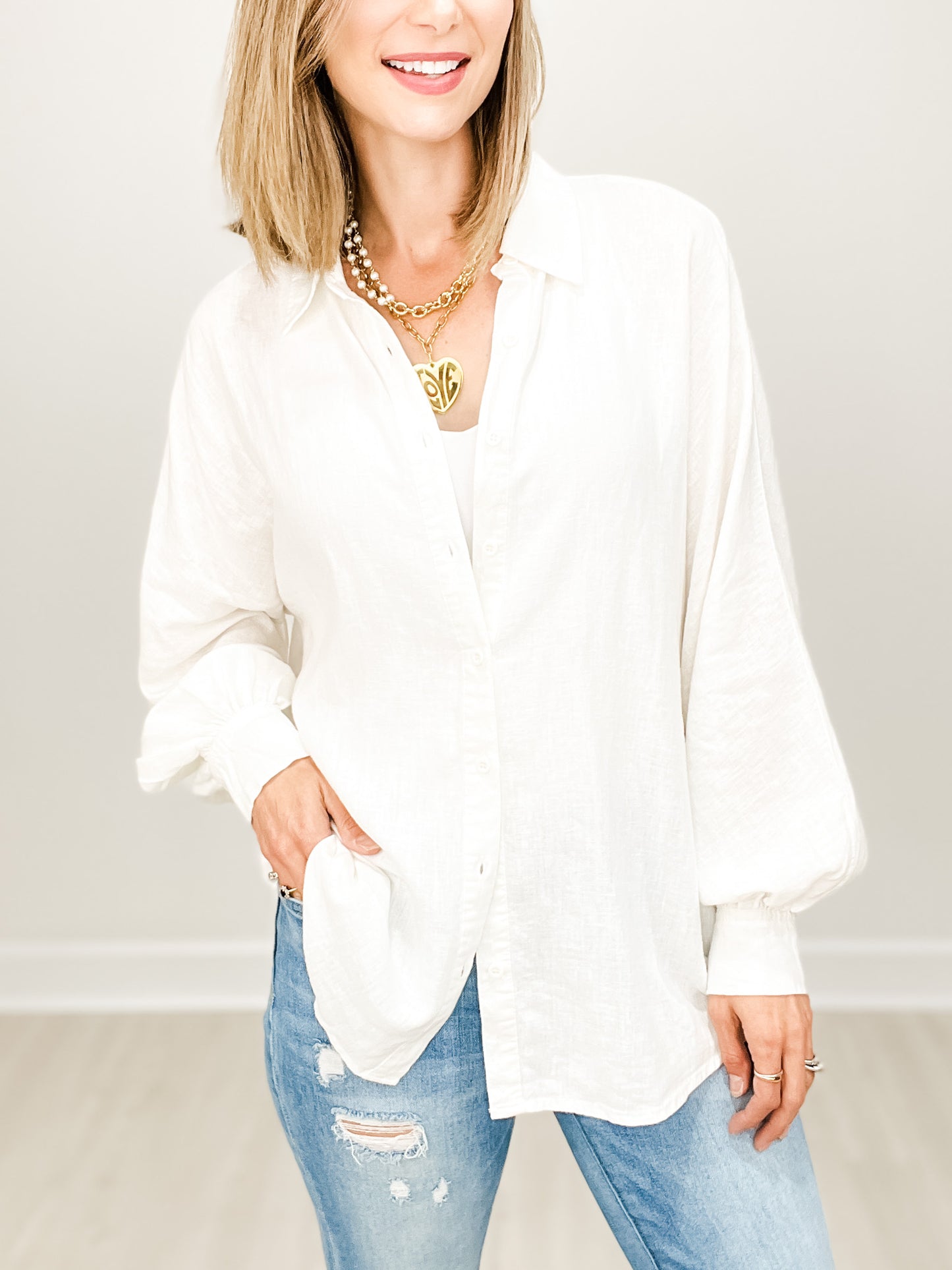 Linen Button Down Long Sleeve Collared Top