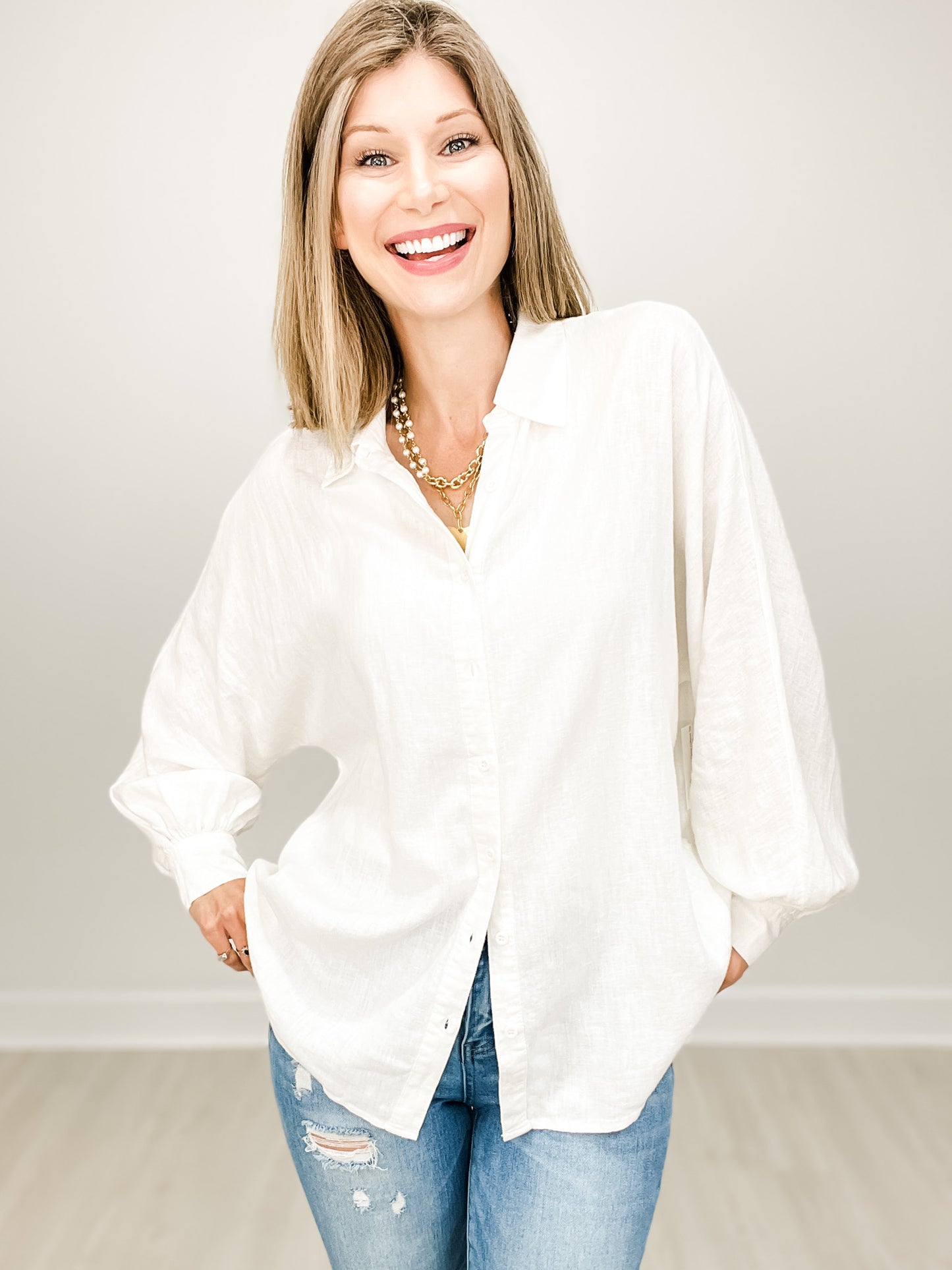 Linen Button Down Long Sleeve Collared Top