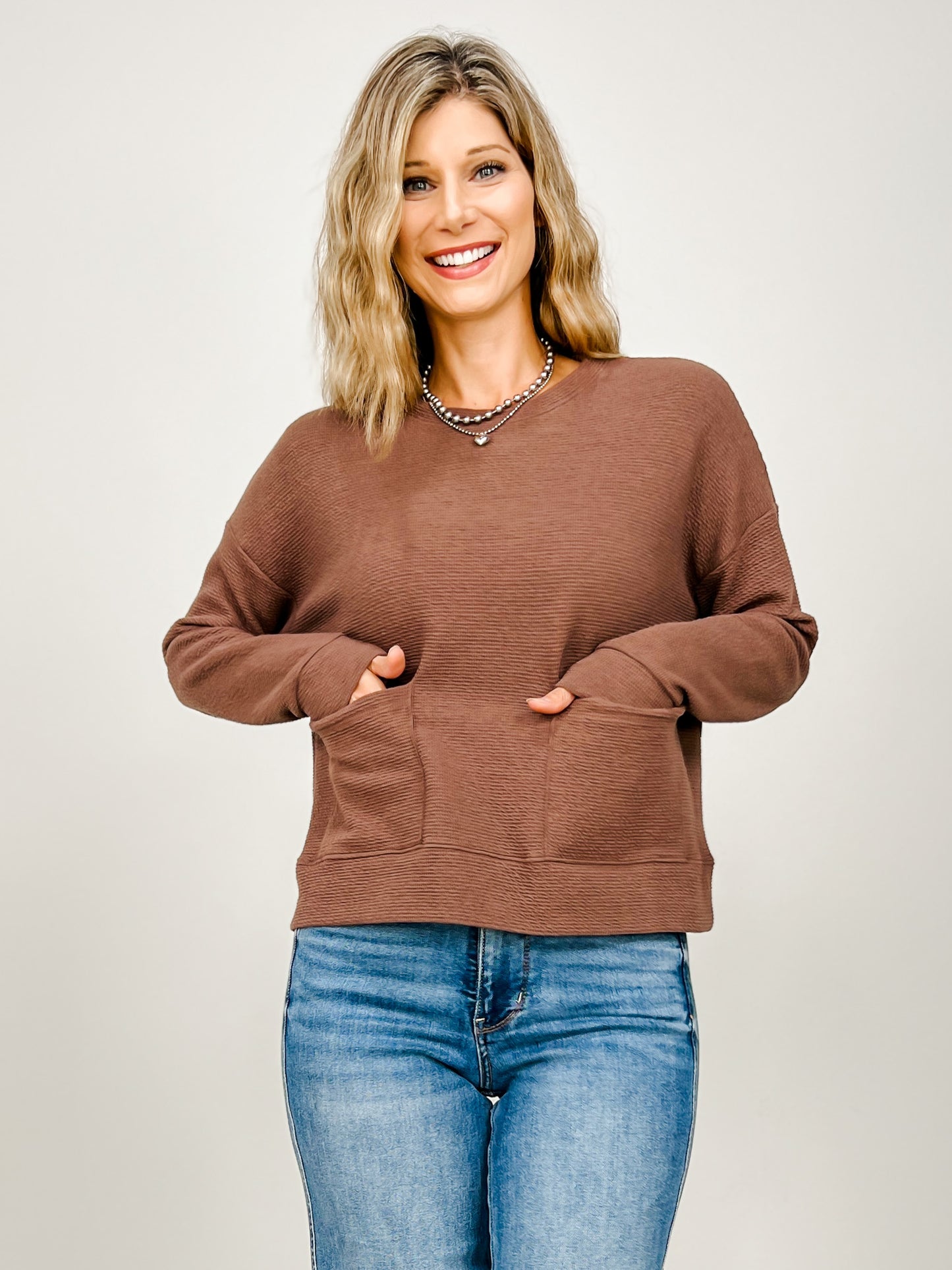 Cloudy Knit Long Sleeve Top with Front Pockets