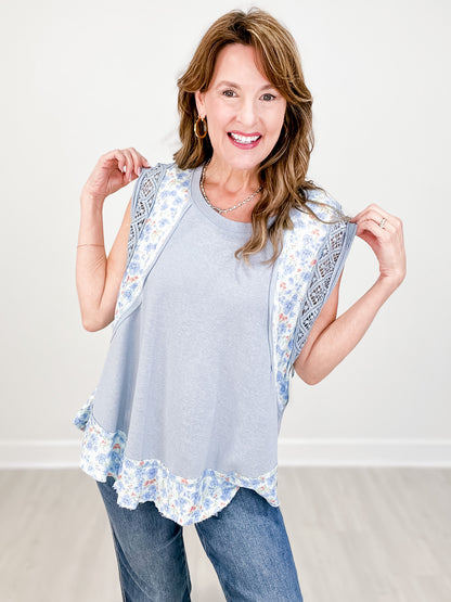 Floral crochet contrast round neck sleeveless top