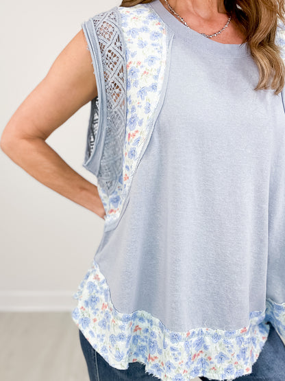 Floral crochet contrast round neck sleeveless top