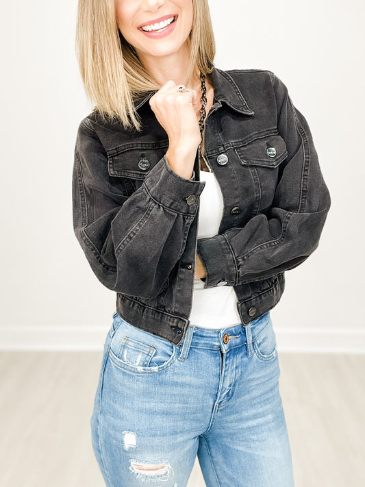 RIsen Balloon Sleeve Cropped Denim Jacket