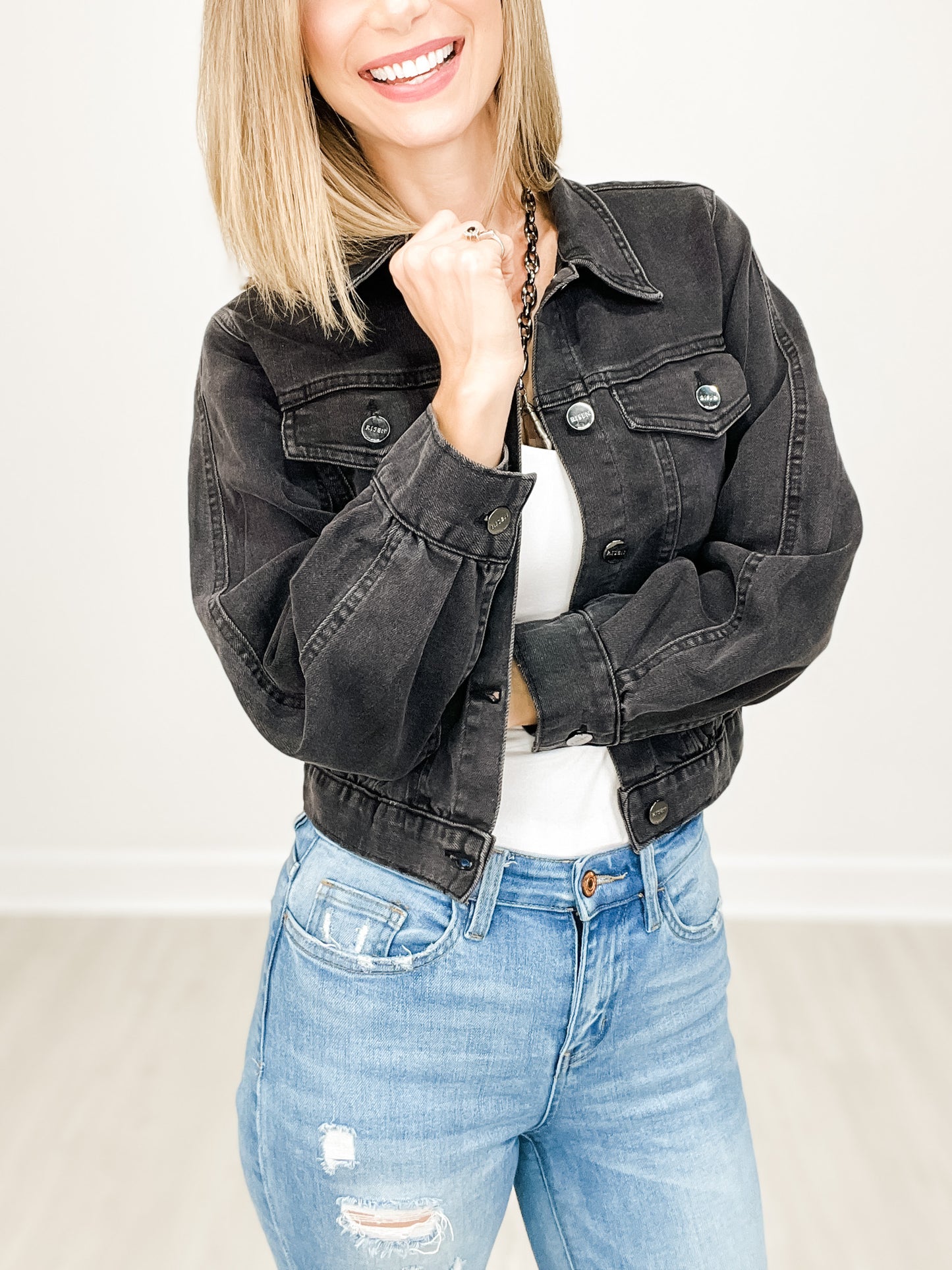 RIsen Balloon Sleeve Cropped Denim Jacket