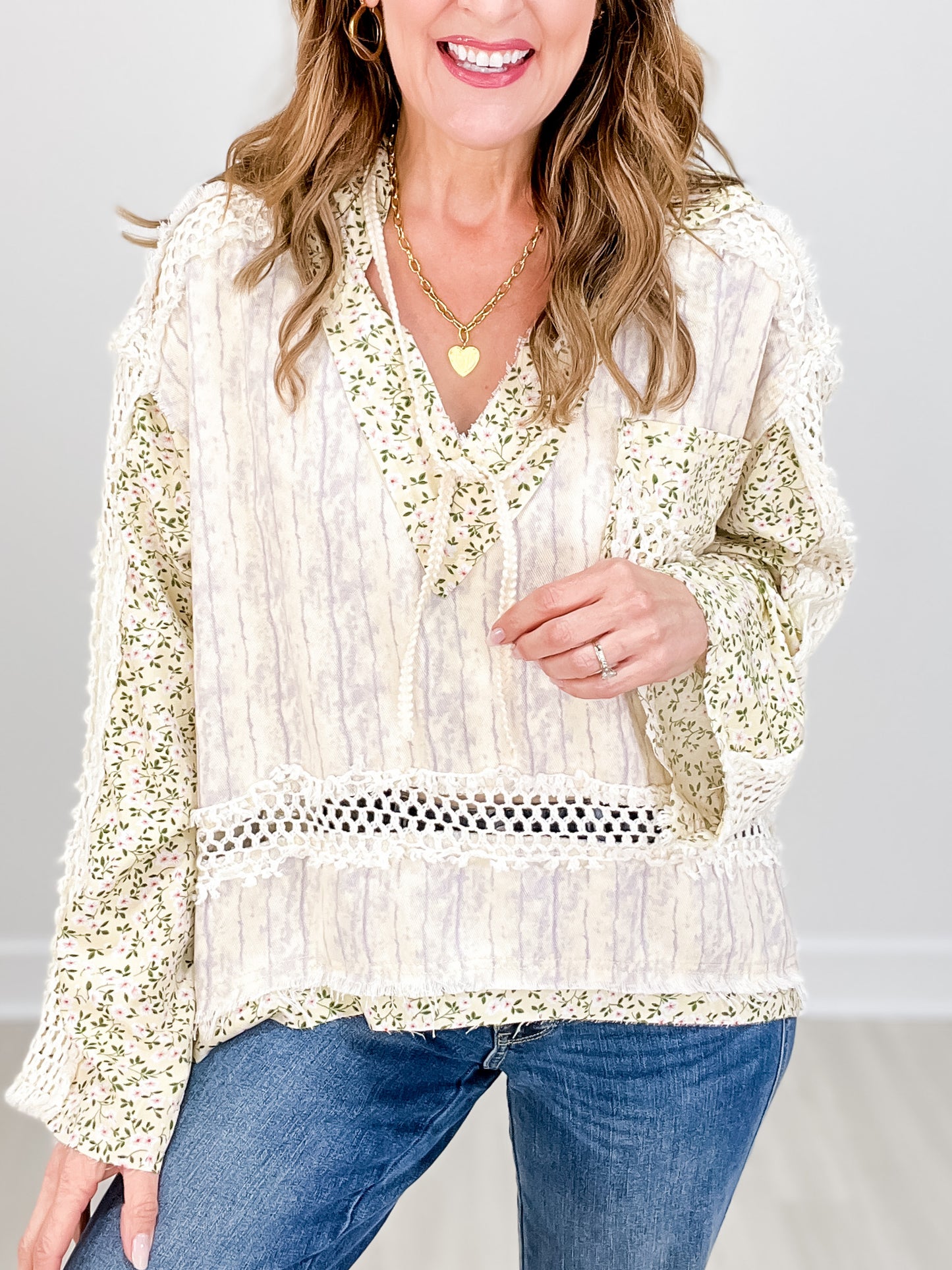 Vintage V-neck long sleeve floral print woven top