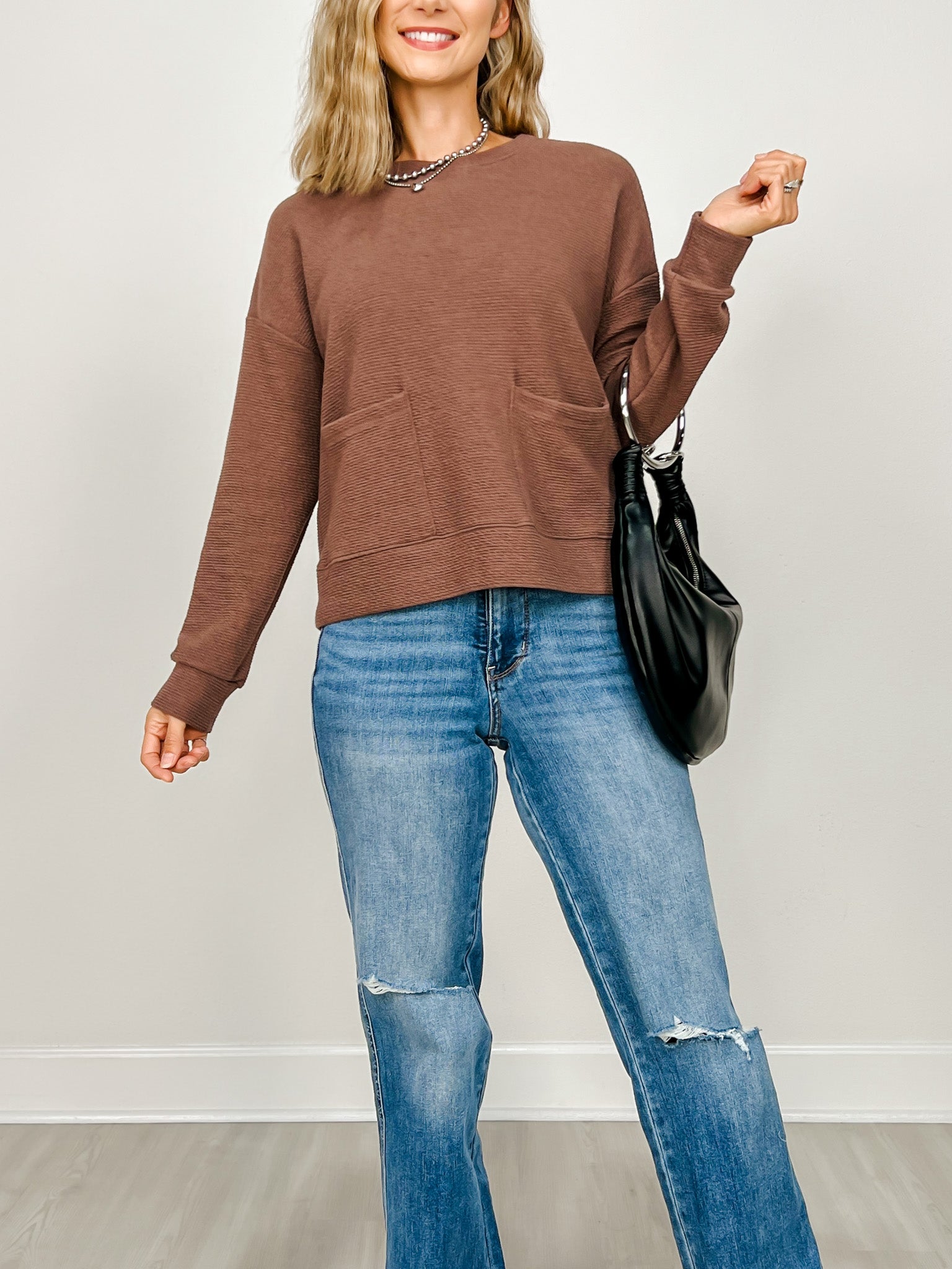 Cloudy Knit Long Sleeve Top with Front Pockets