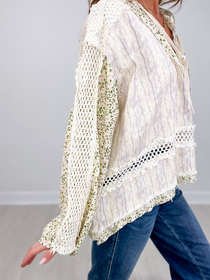 Vintage V-neck long sleeve floral print woven top