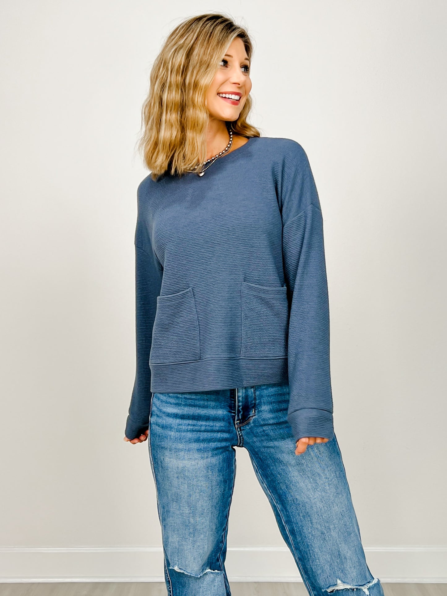 Cloudy Knit Long Sleeve Top with Front Pockets
